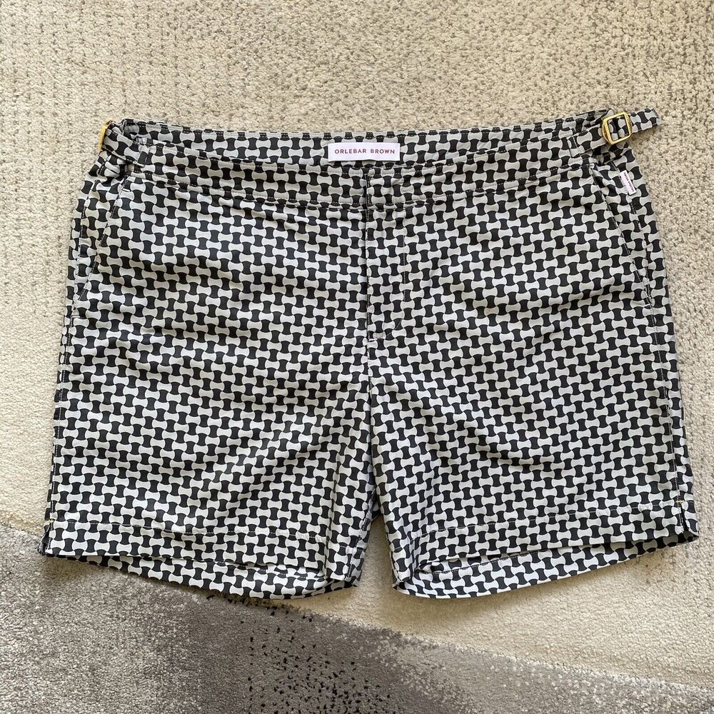 Orlebar Brown Black and White Geometric Swim Trunks
